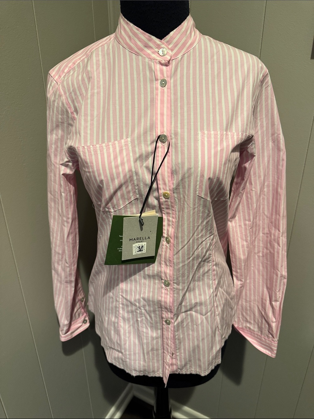 Marella Sport Reseda pastel rose white stripe button front shirt. NWT. Size 40